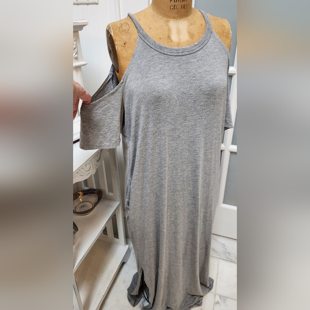 Sexy Cold Shoulder Short Sleeve Grey Heather Knit Summer Travel Maxi Dress EUC